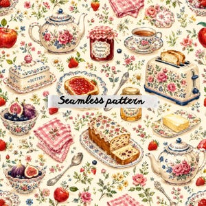 May include: A seamless pattern featuring a floral-themed breakfast scene with teapots, a toaster with bread, a butter dish, a jar of strawberry preserve, a honey jar, bowls of fruit, sliced cake, and checkered napkins on a cream background.