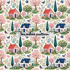 May include: Seamless pattern featuring a repeating design of colorful houses with red and blue roofs, surrounded by trees, flowers, birds, and butterflies. The text "Seamless pattern" is displayed across the image.