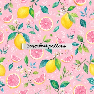 May include: A seamless pattern featuring watercolor illustrations of lemons and grapefruit slices with green leaves and white flowers on a pink background. The text "Seamless pattern" is displayed across the image.