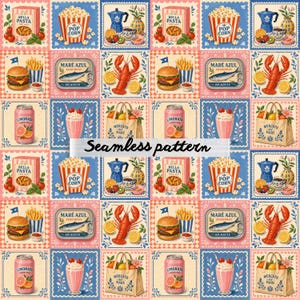 May include: A seamless fabric pattern featuring a grid of illustrations including boxes of Bella Pasta, popcorn buckets, burgers with fries, Maré Azul sardine tins, lobsters, Mercato Mare tote bags, pink lemonade cans, and strawberry milkshakes.