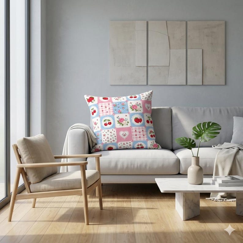 May include: A square cushion with a patchwork design featuring cherries, roses, and hearts in pink, blue, and white squares. The cushion is placed on a white sofa in a living room setting. The cushion adds a touch of charm to the room's decor.