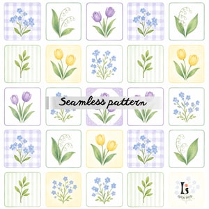 Pode incluir: Um padrão sem costura com ilustrações em aquarela de várias flores, incluindo tulipas, miosótis e lírios-do-vale, dispostas em molduras quadradas. As molduras têm diferentes fundos, como xadrez e listras. O texto "Seamless pattern" é exibido.