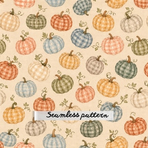 Pastel Gingham Pumpkin Seamless Pattern JPG, Autumn Harvest Fabric, Fall Cottagecore Wallpaper, Digital Paper