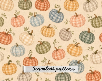 Pastel Gingham Pumpkin Seamless Pattern JPG, Autumn Harvest Fabric, Fall Cottagecore Wallpaper, Digital Paper