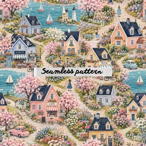 Pode incluir: Um padrão sem costura com uma pitoresca vila costeira com casas coloridas, cerejeiras em flor e veleiros na água. O texto "Seamless pattern" está presente.