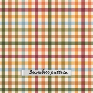 May include: A seamless pattern featuring a grid of intersecting vertical and horizontal lines in shades of orange, olive green, light blue, and dark red on a cream background. A white rectangular label with the text Seamless pattern is centered.