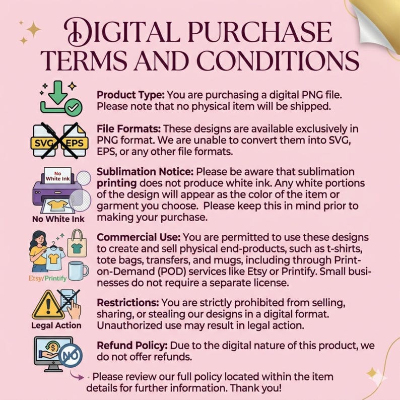 May include: A digital purchase terms and conditions graphic with text and icons. The text includes information about product type, file formats, sublimation notice, commercial use, restrictions, and refund policy. The image is on a pink background.