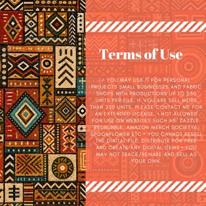 May include: A rectangular graphic featuring a left-side panel of multi-colored geometric patterns in black, red, orange, and blue. The right-side panel is solid orange with white text titled Terms of Use, outlining usage policies for digital files.