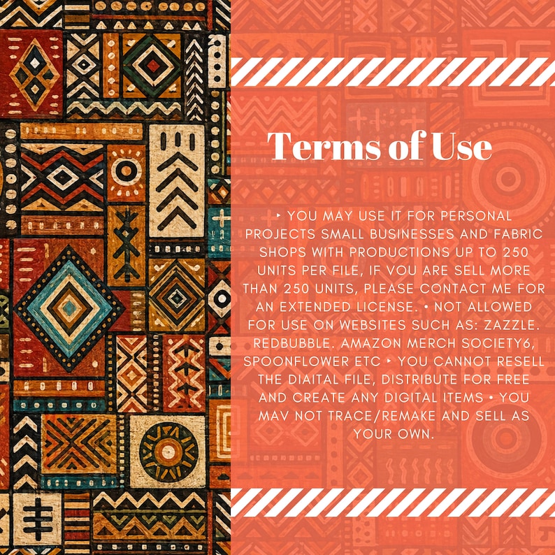 May include: A rectangular graphic featuring a left-side panel of multi-colored geometric patterns in black, red, orange, and blue. The right-side panel is solid orange with white text titled Terms of Use, outlining usage policies for digital files.