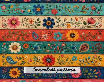 Boho Folk Floral Painted Wood Planks Seamless Pattern JPG | Rustic Scandinavian Digital Paper | Colorful Floral Stripe Textile Repeat