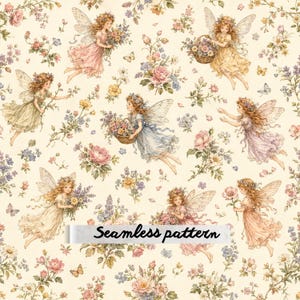 Könnte beinhalten: Ein nahtloses Muster mit Illustrationen von geflügelten Feen in pastellfarbenen Kleidern, die Blumenkörbe und Sträuße halten, durchsetzt mit Rosen und Wildblumen auf cremefarbenem Grund. Der Text Seamless pattern ist sichtbar.