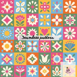 Pode incluir: Um padrão sem costura colorido com desenhos florais e geométricos em rosa, verde, amarelo, laranja e azul. O texto "Seamless pattern" é exibido no centro. O design é de estilo folk.