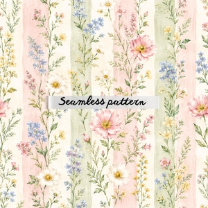 Pode incluir: Um padrão sem costuras com riscas verticais em rosa suave e verde pálido, decorado com ilustrações em aguarela de flores silvestres em tons de azul, amarelo e rosa. O texto Seamless pattern está centrado horizontalmente.