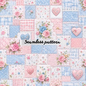 Pode incluir: Um padrão sem costura com um design de patchwork em rosa e azul. Os quadrados são decorados com estampas florais, corações e rosas. O texto "Seamless pattern" é exibido na imagem.