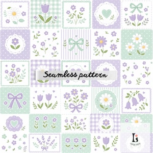 May include: A seamless pattern featuring a repeating grid of floral and bow designs in pastel colors. The design includes daisies, tulips, and other flowers, with the text "Seamless pattern" in the center.