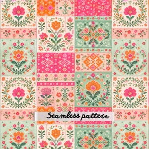 May include: A seamless pattern featuring a grid of rectangular panels with floral motifs in shades of pink, orange, and sage green. The design includes symmetrical flower arrangements, small blossoms, and geometric shapes. The text Seamless pattern is visible.