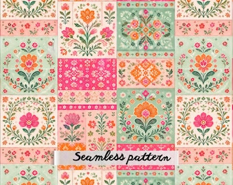 Scandinavian Folk Floral Patchwork Seamless Pattern JPG, Vintage Botanical Quilt Fabric, Pink Green Textile