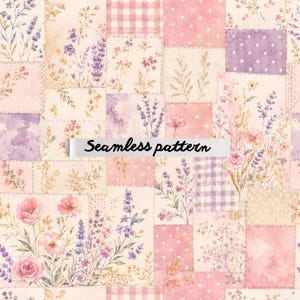 Pode incluir: Um padrão sem costura com um design de patchwork. Apresenta quadrados florais e xadrez em tons pastel. O design inclui lavanda, rosas cor-de-rosa e o texto "Seamless pattern".