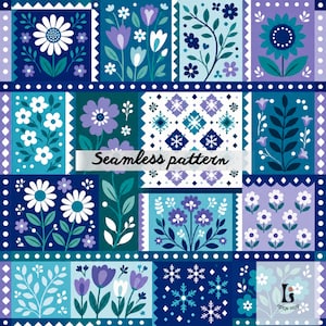 May include: A seamless pattern design featuring floral and geometric elements in shades of blue, teal, and purple. The design includes stylized flowers, leaves, and snowflake motifs, with the text "Seamless pattern" across the center.