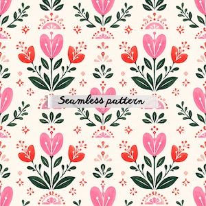 Pode incluir: Um padrão sem costura com elementos florais estilizados em rosa, vermelho e verde sobre um fundo creme. O design inclui grandes flores rosa tipo tulipa, flores vermelhas menores e detalhes verdes folhosos. O texto "Seamless pattern" é exibido.