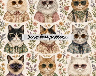 Nahtloses Vintage-Katzenmuster (JPG) – Cottagecore-Katzenporträts, florale Kleidung & verspieltes botanisches Stoffdesign