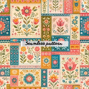 Pode incluir: Um padrão sem costuras com um mosaico de painéis retangulares com ilustrações florais em tons de vermelho, laranja, azul e verde sobre um fundo creme. O texto Seamless pattern está centrado sobre o design em letra cursiva preta.