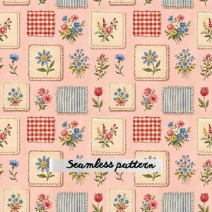 Motivo patchwork floreale vintage senza cuciture, quadrati di tessuto in stile cottagecore, righe a quadretti e fiori selvatici