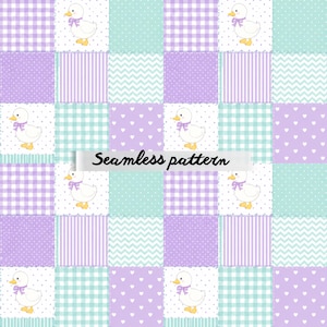 May include: A seamless pattern featuring a patchwork design with squares in pastel colors. Each square contains a different pattern, including gingham, polka dots, stripes, and hearts. Adorable duck illustrations with purple bows are scattered throughout the design. The text "Seamless pattern" is displayed.