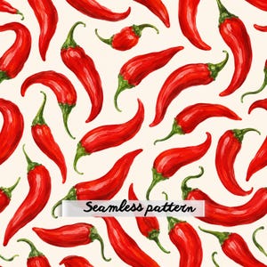 Può includere: Un motivo continuo che presenta numerosi peperoncini rossi brillanti con piccioli verdi disposti su uno sfondo color crema chiaro. L'illustrazione include il testo Seamless pattern in un carattere corsivo nero al centro dell'immagine.