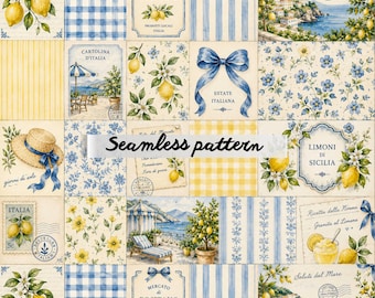 Motivo patchwork senza cuciture con limoni italiani di Positano JPG – Limoni della Costiera Amalfitana, piastrelle floreali blu, design di tessuto collage estivo mediterraneo