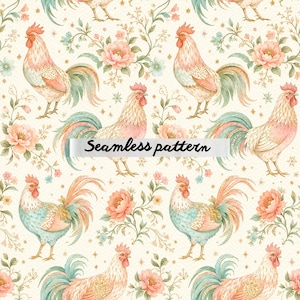 Pode incluir: Um padrão contínuo com ilustrações repetidas de galos com plumagem rosa claro e azul-petróleo, intercaladas com flores cor de pêssego e pequenos detalhes de estrelas douradas sobre um fundo creme. O texto Seamless pattern está centrado.