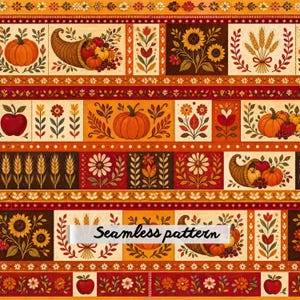 Autumn Harvest Folk Art Seamless Pattern JPG, Thanksgiving Patchwork Fabric, Pumpkin Sunflower Quilt Repeat