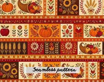 Nahtloses Muster im Stil der Herbsternte (JPG), Patchworkstoff für Thanksgiving, Kürbis-Sonnenblumen-Quiltmuster (wiederholt)