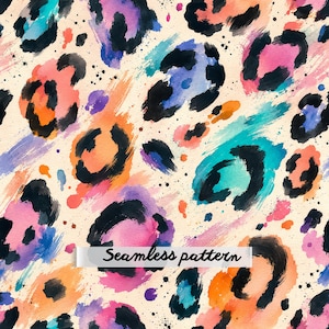Pode incluir: Um padrão sem costuras com um design colorido de estampa de leopardo com formas de pinceladas em tons de laranja, rosa, roxo e azul-petróleo, acentuado por contornos pretos e salpicos num fundo creme, com o texto Seamless pattern.