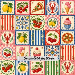 Italian Market Patchwork Seamless Pattern, Lemons, Cherries & Lobsters, Mediterranean Tile Food Quilt, Coastal Kitchen Fabric Design