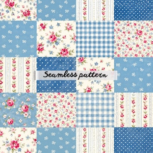 Puede incluir: Un diseño de patchwork sin costuras con estampados florales, lunares, cuadros vichy y lazos en azul, blanco y rosa. El texto "Seamless pattern" está presente. Los estampados florales presentan rosas rosas, creando una estética vintage.