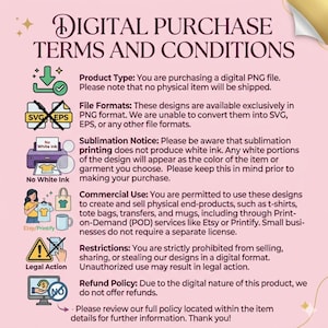 May include: A digital purchase terms and conditions document with text and icons. The document details product type, file formats, sublimation notice, commercial use, restrictions, and refund policy. The document is for a digital PNG file.
