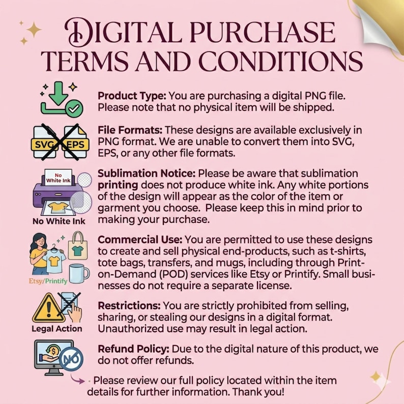 May include: A digital purchase terms and conditions document with text and icons. The document details product type, file formats, sublimation notice, commercial use, restrictions, and refund policy. The document is for a digital PNG file.