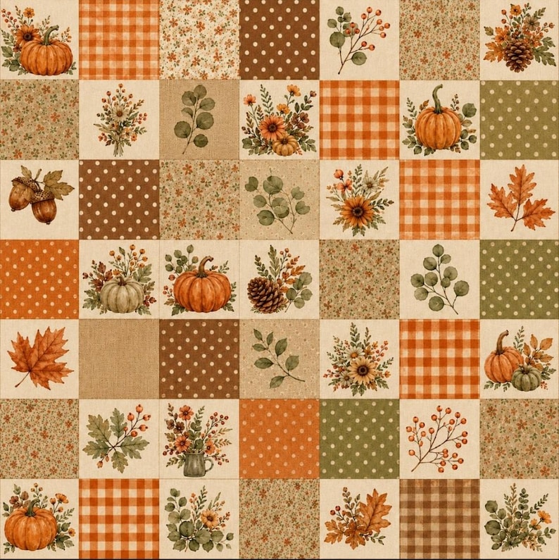 May include: A patchwork fabric design featuring a grid of squares with autumn-themed patterns including orange pumpkins, brown acorns, sunflowers, pinecones, green eucalyptus leaves, orange plaid, and white polka dots on brown and orange backgrounds.