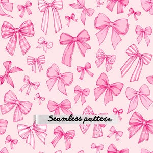 May include: A seamless pattern featuring various pink bows of different sizes and styles on a light pink background. The bows include solid, striped, and plaid designs. A white rectangular banner with the text Seamless pattern is centered.