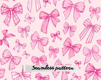 Coquette Pink Bow Seamless Pattern JPG, Girly Ribbon Digital Paper, Cute Preppy Fabric Print Background