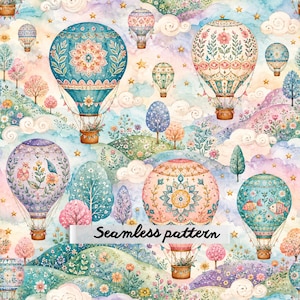 Pode incluir: Um padrão contínuo com balões de ar quente em aguarela em tons de azul-petróleo, rosa e roxo sobre colinas com árvores, flores e nuvens. O design inclui estrelas douradas e o texto Seamless pattern.