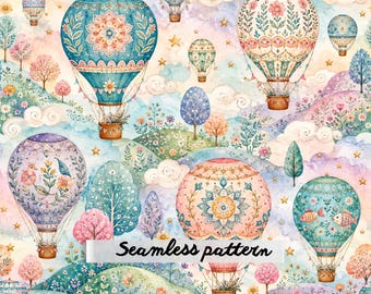 Verspieltes, nahtloses Muster mit Heißluftballons im Stil der Volkskunst, Aquarell-Kinderzimmerstoff, skandinavischer Cottagecore-Himmel, digitales Blumenlandschaftsmuster