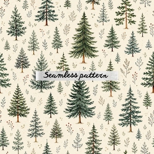 Pine Forest Seamless Pattern JPG – Rustic Evergreen Trees, Woodland Winter Botanical & Cabin Lodge Fabric Design