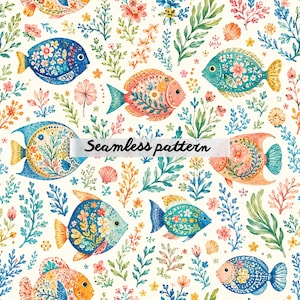 May include: A seamless pattern featuring watercolor illustrations of various fish in shades of blue, orange, and pink, decorated with floral motifs. The design includes aquatic plants, seaweed, and small seashells on a cream background.