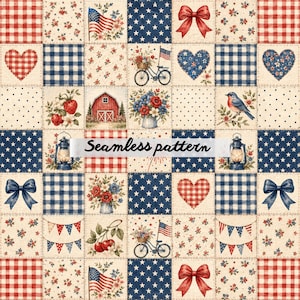 Nahtloses Quiltmuster „Americana“, patriotischer Patchwork-Stoffdruck, rot-weiß-blaues Blumen-Gingham-Design, JPG zum 4. Juli