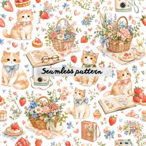 Könnte beinhalten: Ein nahtloses Muster mit Illustrationen von Kätzchen mit Schleifen, Weidenkörben voller bunter Blumen, offenen Büchern mit Lesebrillen, Vintage-Kameras und frischen Erdbeeren auf weißem Grund mit dem Text Seamless pattern.