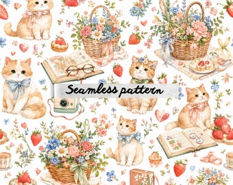 Cute Cottagecore Kittens & Strawberry Garden Seamless Pattern, Floral Basket Cats Watercolor Repeat, Whimsical Coquette Fabric Design JPG