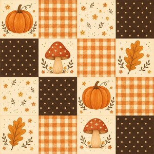 May include: A square grid pattern featuring alternating blocks of orange and white gingham, dark brown with white polka dots, and cream backgrounds decorated with orange pumpkins, red mushrooms, orange oak leaves, and small orange flowers.