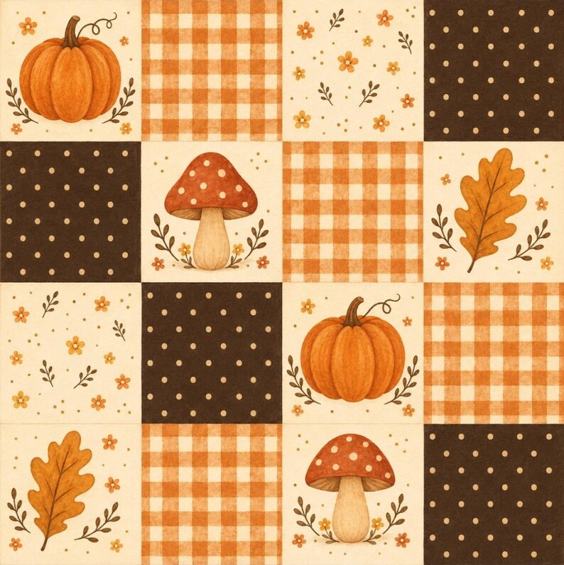 May include: A square grid pattern featuring alternating blocks of orange and white gingham, dark brown with white polka dots, and cream backgrounds decorated with orange pumpkins, red mushrooms, orange oak leaves, and small orange flowers.